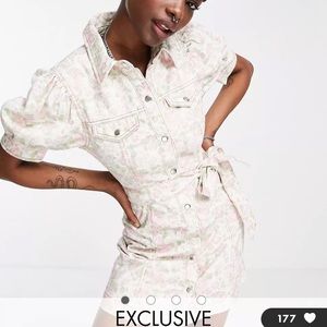 Reclaimed Vintage Inspired mini denim belted dress in wallpaper floral print